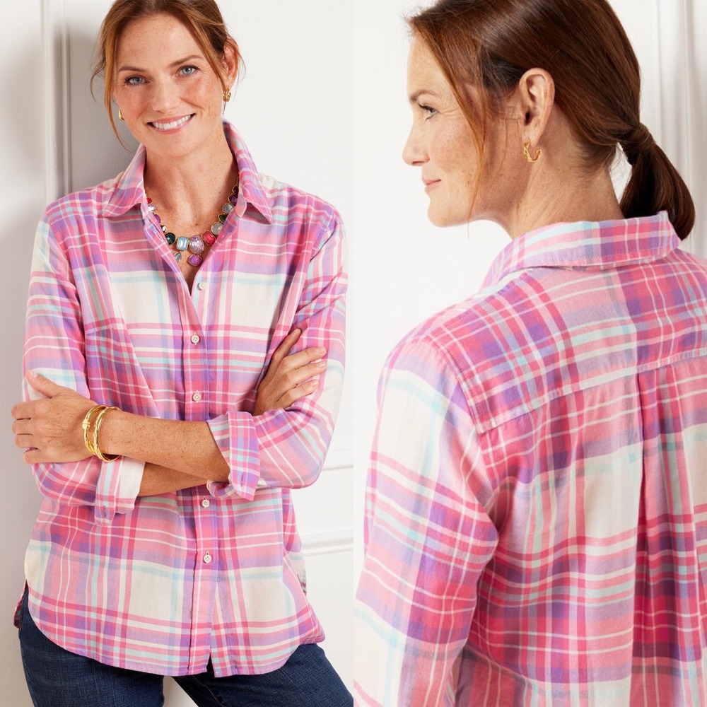 Talbots Womens Plaid Flannel Button‎ Up Shirt XL Pink Long Sleeve Cotton Western